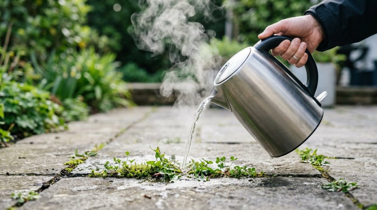 entdecken Sie die einfache und kostengünstige Methode, um Unkraut im Garten mit kochendem Wasser ohne Chemikalien dauerhaft zu bekämpfen