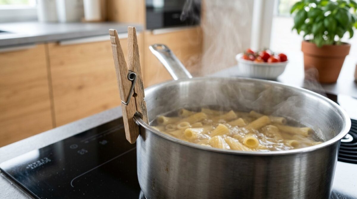 entdecken Sie, wie eine einfache Wäscheklammer am Topfrand das Überkochen von Nudeln und Kartoffeln verhindert und welches physikalische Prinzip dahintersteckt